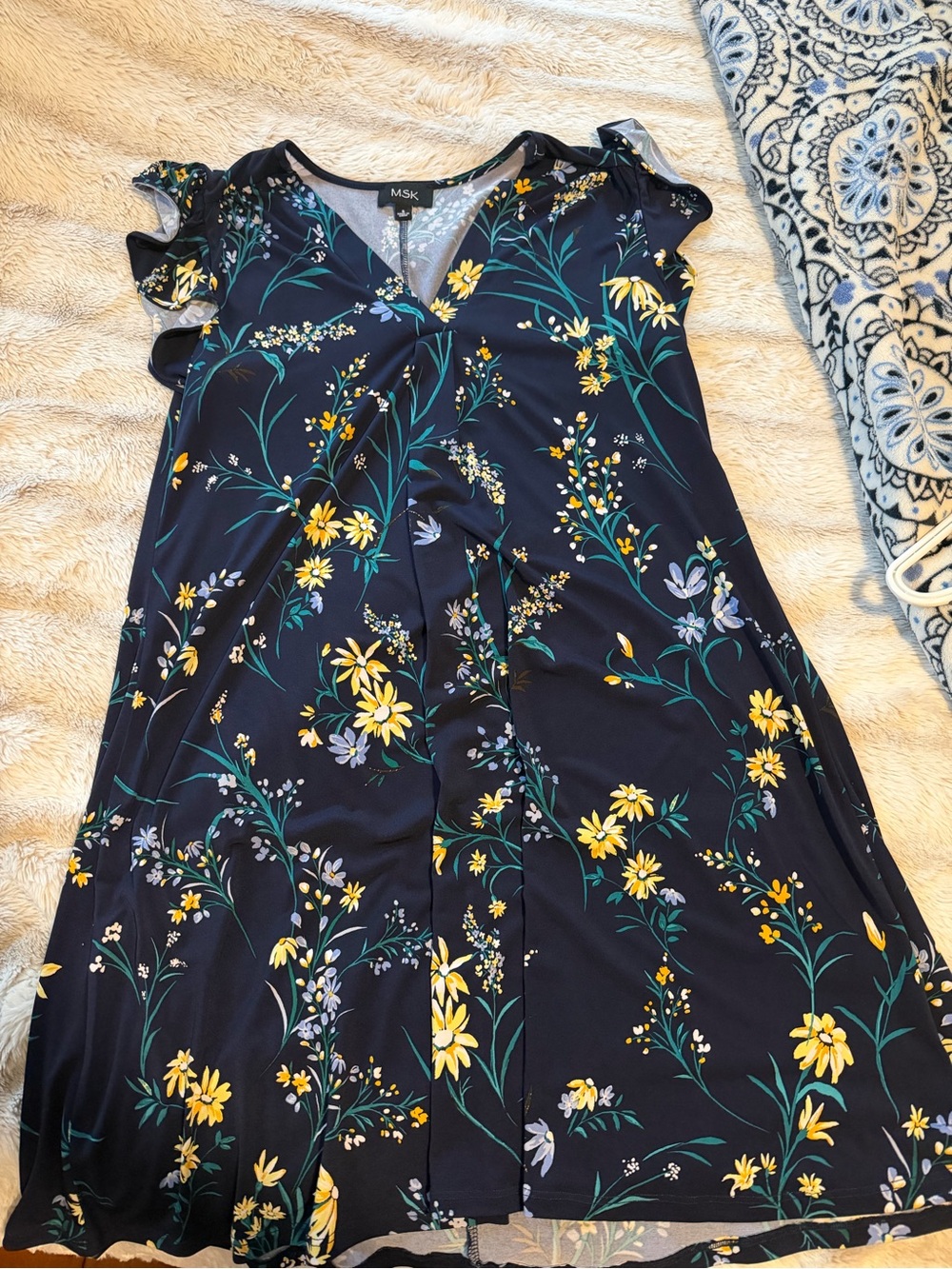 MSK Navy Dress with Yellow and Green Floral Print